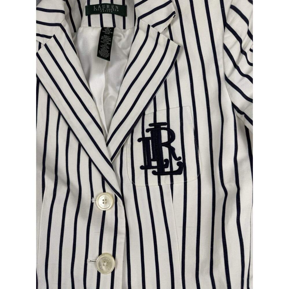 Lauren Ralph Lauren White Blazer with Navy Pinstripes and Embroidered Logo - Picture 2 of 10
